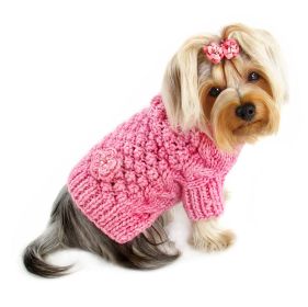 Pink Bobble Stitch Turtleneck Hand Knitted Sweater (Color: pink, size: L)